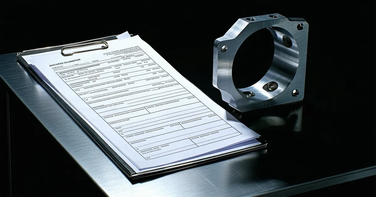 AS9100 quality documentation binder next to a titanium aerospace part