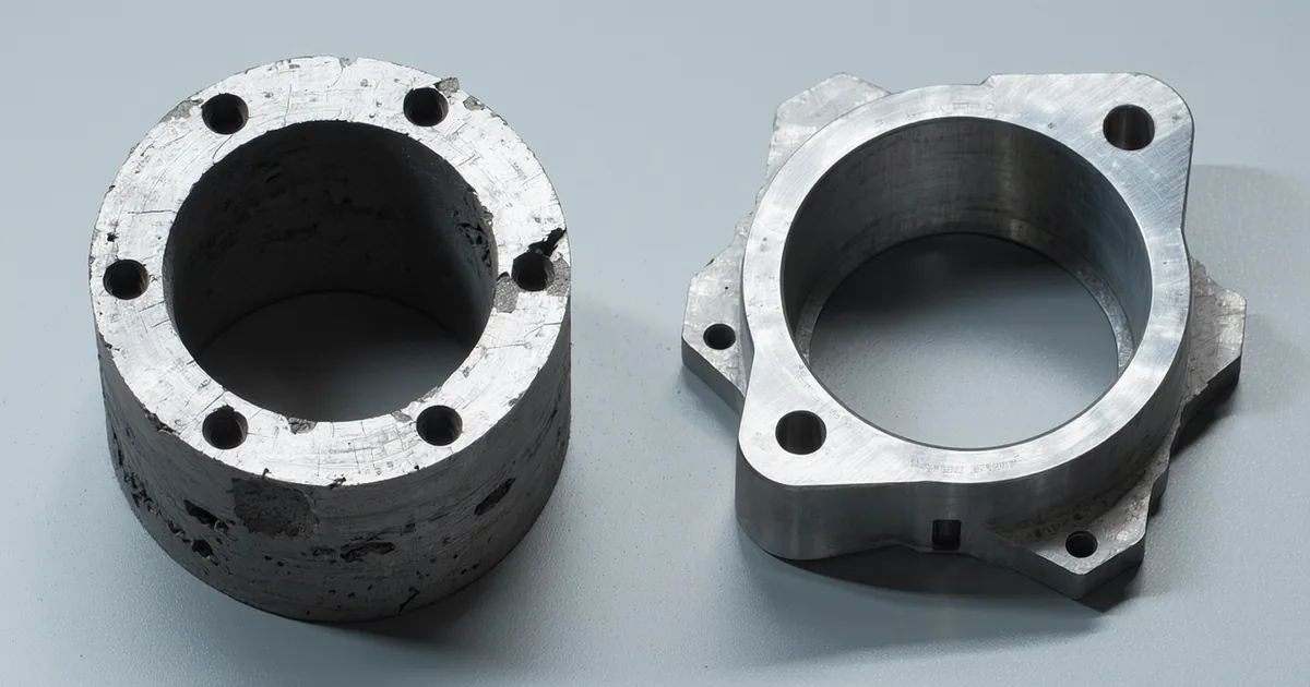 Side-by-side of a traditional casting mold and a printed titanium bracket illustrating lead time contrast