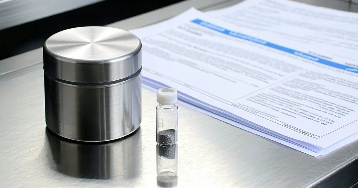 Titanium alloy powder stored in a sealed container with material certification label