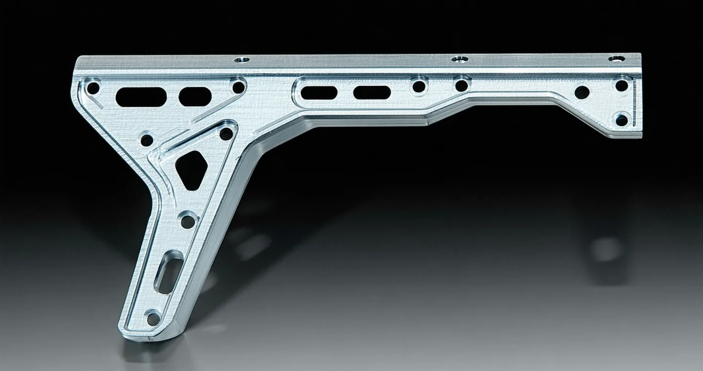 Flight-grade titanium aerospace bracket printed by Additiveio, dramatic raking side-light against dark background