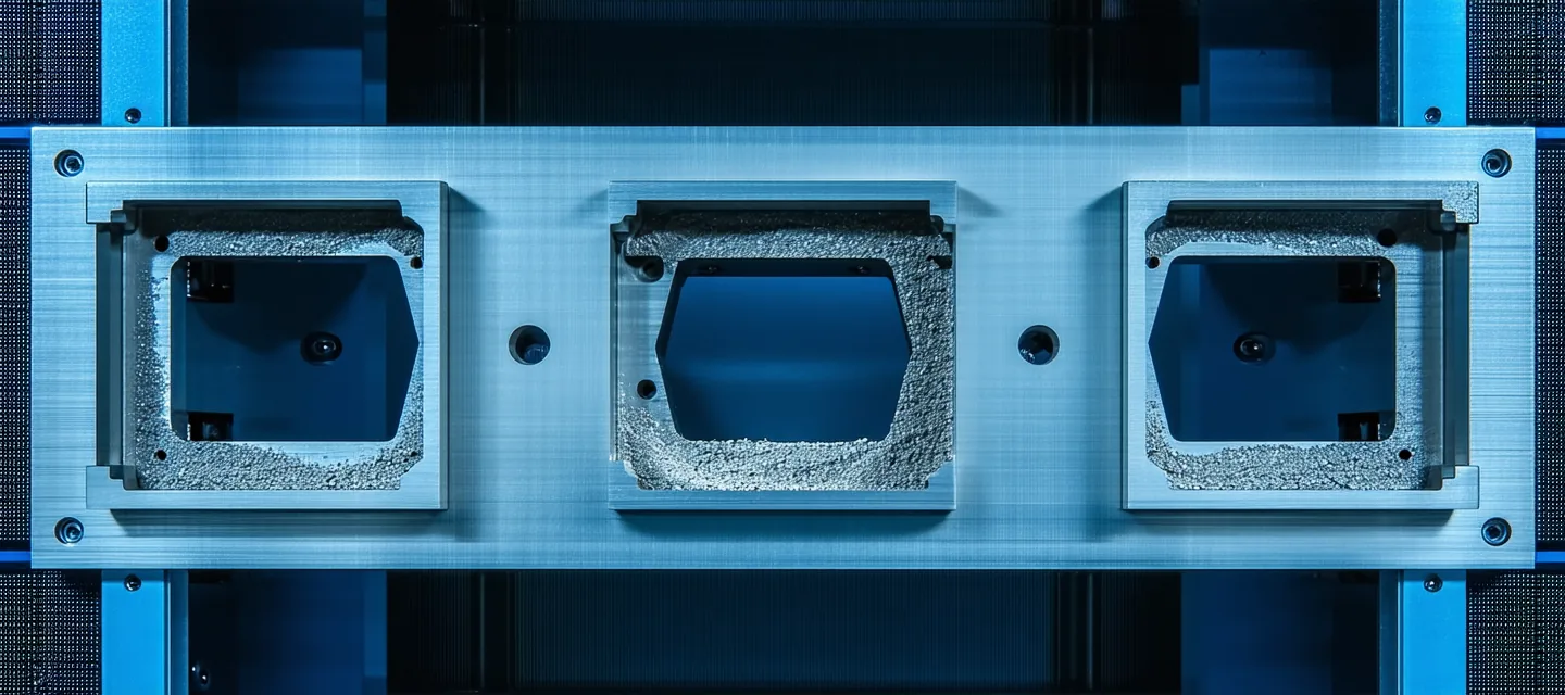 Overhead view of titanium aerospace parts on a metal additive manufacturing build plate with residual powder