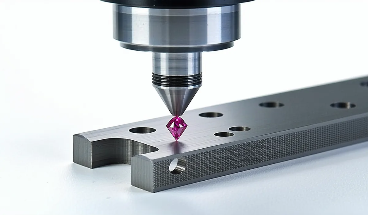 Coordinate measuring machine CMM probe touching a precision-machined titanium aerospace component during dimensional inspection